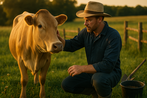 Agricultor examina a saúde de um bovino no campo ao pôr do sol, vestido com macacão e chapéu de palha, em uma pastagem verde