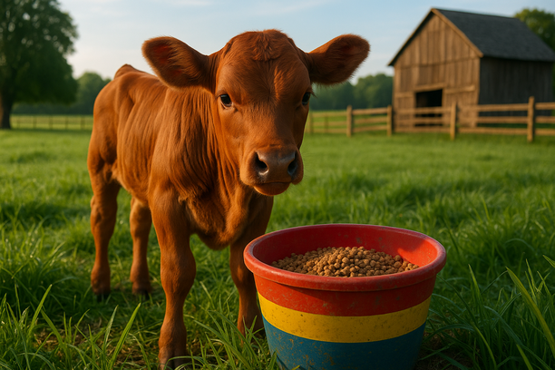 Bezerro saudável se alimentando de ração em uma fazenda com pastagem verde ao fundo.