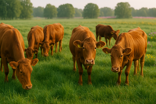 Grupo de bovinos saudáveis pastando em um campo verdejante sob luz suave da manhã.