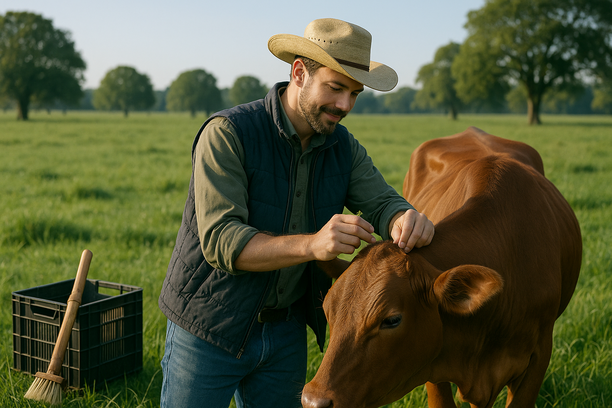 Profissional da agropecuária realizando manejo de gado com técnicas naturais em pasto verde