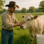 Um vaqueiro inspecionando gado em uma pastagem verdejante, com cercas de madeira ao fundo e um balde de remédios veterinários ao lado.
