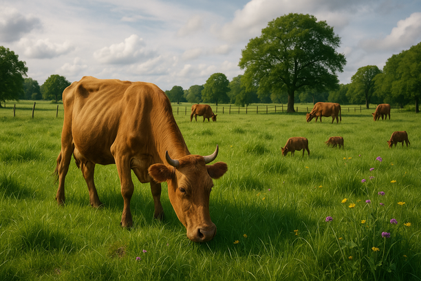 Gado bovino pastando em um campo verdejante com cercas de madeira e árvores sob um céu parcialmente nublado.