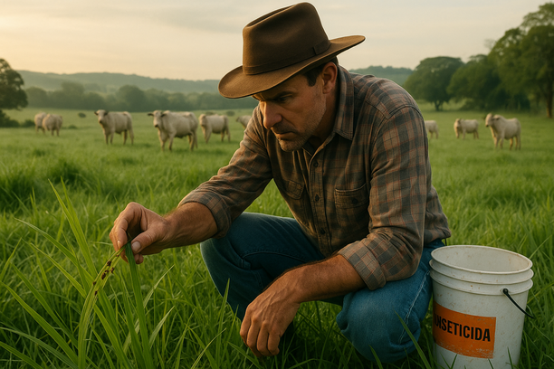 Fazendeiro examinando pastagem em busca de carrapatos com gado ao fundo sob luz suave da manhã.