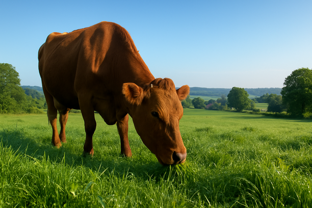 Vaca saudável pastando em um campo verdejante com folhas de capim fresco sob a luz da manhã.