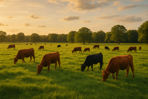 Bovinos pastando em um campo verdejante sob a luz dourada do final da tarde.