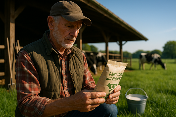 Agricultor experiente examinando suplemento para vacas leiteiras em uma fazenda sob luz suave da manhã, com vacas pastando ao fundo.