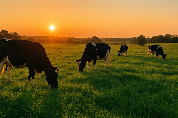 Vacas pastando em um campo aberto sob a luz dourada do fim de tarde, com grama verde vibrante e céu laranja ao fundo.