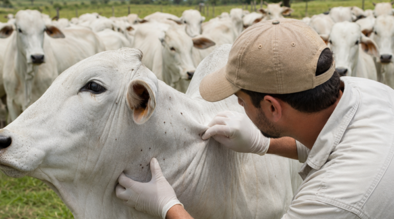 Rebanho bovino em pastagem com controle estratégico de carrapatos resistentes usando Master S3 da Núcleo Rural.