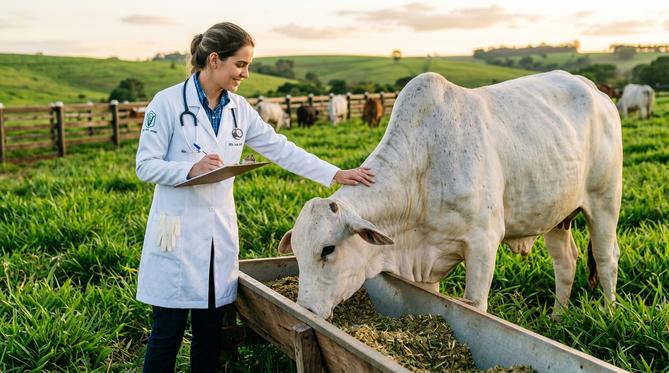 Médico veterinário examinando gado de corte saudável em pasto verdejante de fazenda moderna ao fim de tarde.