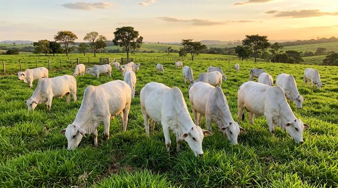 Grupo de gado Nelore robusto pastejando tranquilamente em uma pastagem verdejante sob a luz dourada do fim de tarde.
