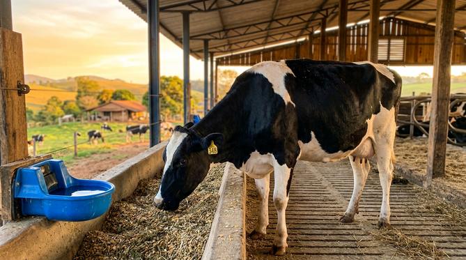 Vaca leiteira de pelagem saudável se alimentando tranquilamente em um cocho com ração balanceada, sob a luz dourada do fim de tarde em um galpão arejado.
