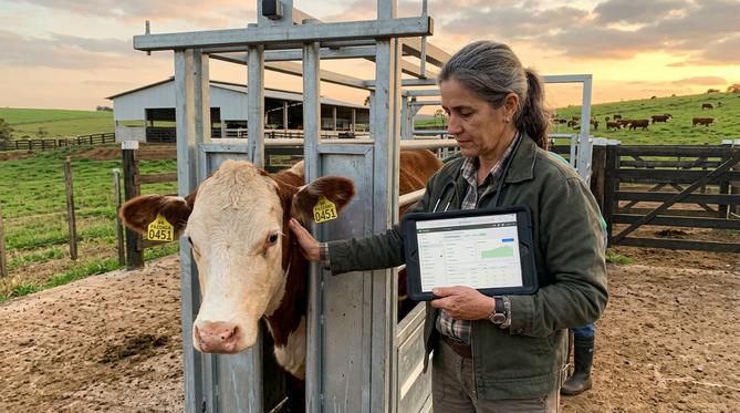Um veterinário inspeciona um bovino em um curral moderno ao entardecer, usando um tablet para registrar dados.
