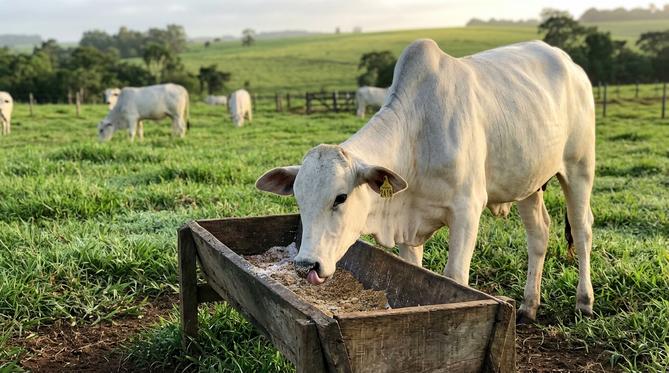 Novilha Nelore saudável e vital consumindo suplemento mineral em cocho de madeira, em uma pastagem verde sob a luz da manhã.