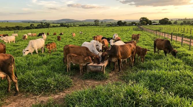 Rebanho de gado bovino saudável, com vacas de corte e bezerros, pastando em campo verdejante com cocho de sal mineral rústico sob luz dourada do fim de tarde.