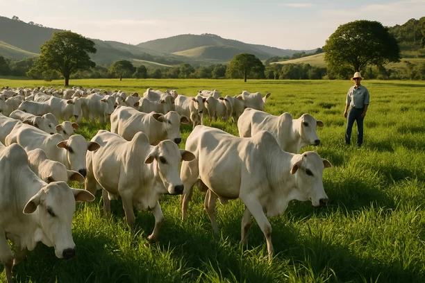 Pecuarista de chapéu de palha acompanhando gado saudável em pasto verdejante com morros ao fundo na luz da tarde.