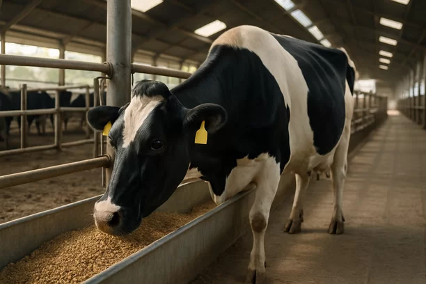 Vaca leiteira com pelagem brilhante se alimentando de ração granulada em cocho metálico dentro de estábulo limpo e iluminado pela luz da manhã