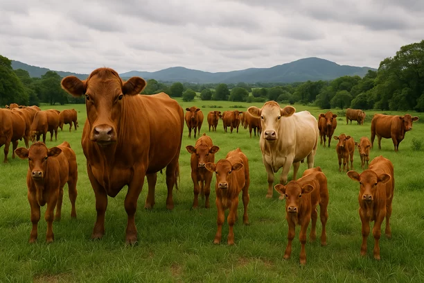 Grupo de bovinos saudáveis de diferentes idades pastando em campo verde com vegetação natural, sob céu parcialmente nublado e montanhas ao fundo