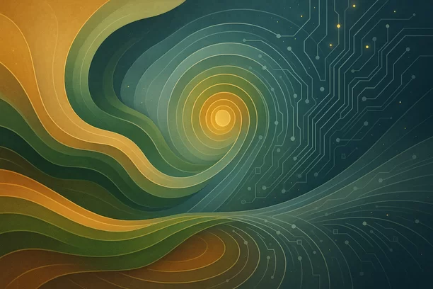 Composição abstrata com formas fluidas, circuitos luminosos e partículas douradas representando a integração entre natureza e tecnologia no agronegócio.