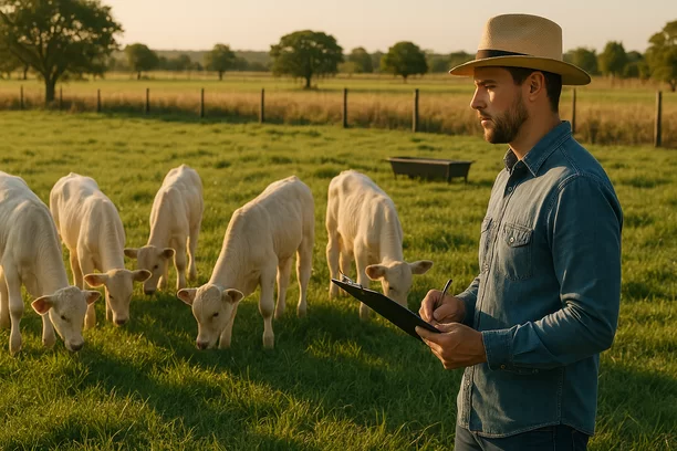 Produtor rural observa bezerros saudáveis pastando em campo amplo e cercado ao entardecer, com cochos ao fundo e vegetação seca próxima às cercas