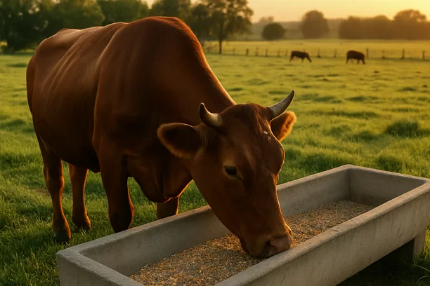 Vaca saudável se alimenta de ração balanceada em um cocho limpo em fazenda verdejante ao entardecer, com pasto ao fundo e outros bovinos ao longe