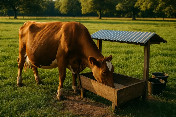 Vaca leiteira prenhe se alimentando de suplemento mineral em cocho de madeira sob luz do entardecer em pasto verde e bem cuidado