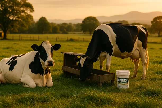 Vaca prenhe deitada em pasto verde ao lado de vaca em lactação comendo suplemento em cocho coberto, ao entardecer em fazenda com fundo de montanhas e árvores ao longe