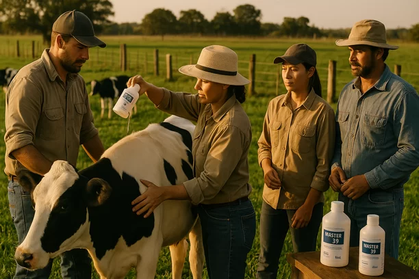 Trabalhadores rurais aplicando antiparasitário em vacas leiteiras em pasto bem cuidado ao entardecer, com bezerros ao fundo e frascos do produto Master S3 visíveis.