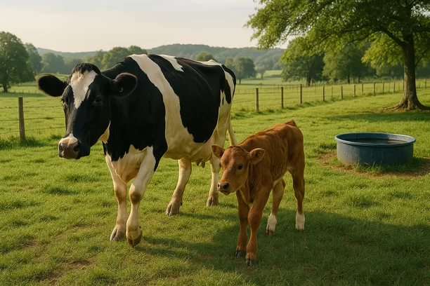 Vaca leiteira saudável caminha com seu bezerro em pastagem verde cercada por árvores e colinas ao fundo