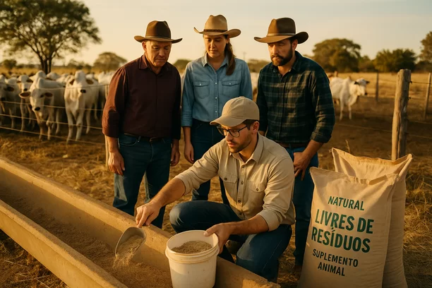Produtores rurais observam técnico misturando suplemento animal natural próximo a cocho em fazenda ao entardecer, com bovinos ao fundo e ambiente bem cuidado