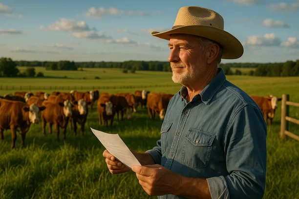 Um agricultor avalia as condições de pastagem em uma fazenda, observando gado saudável ao fundo em um cenário verde sob luz do fim de tarde.